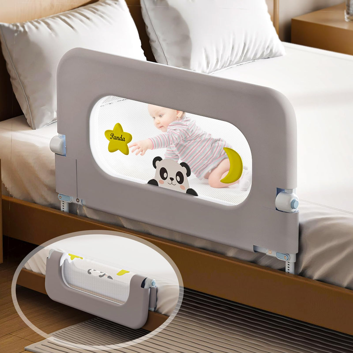 Kitiver baby bed guard rail folded for easy access and space-saving storage