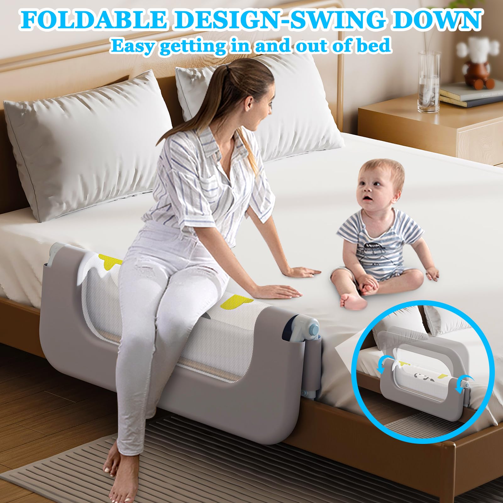 Kitiver bed guard rail with swing-down design for simple bedtime transitions