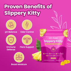 KITTYQUEEN Slippery Kitty pineapple gummies closeup highlighting flavor.