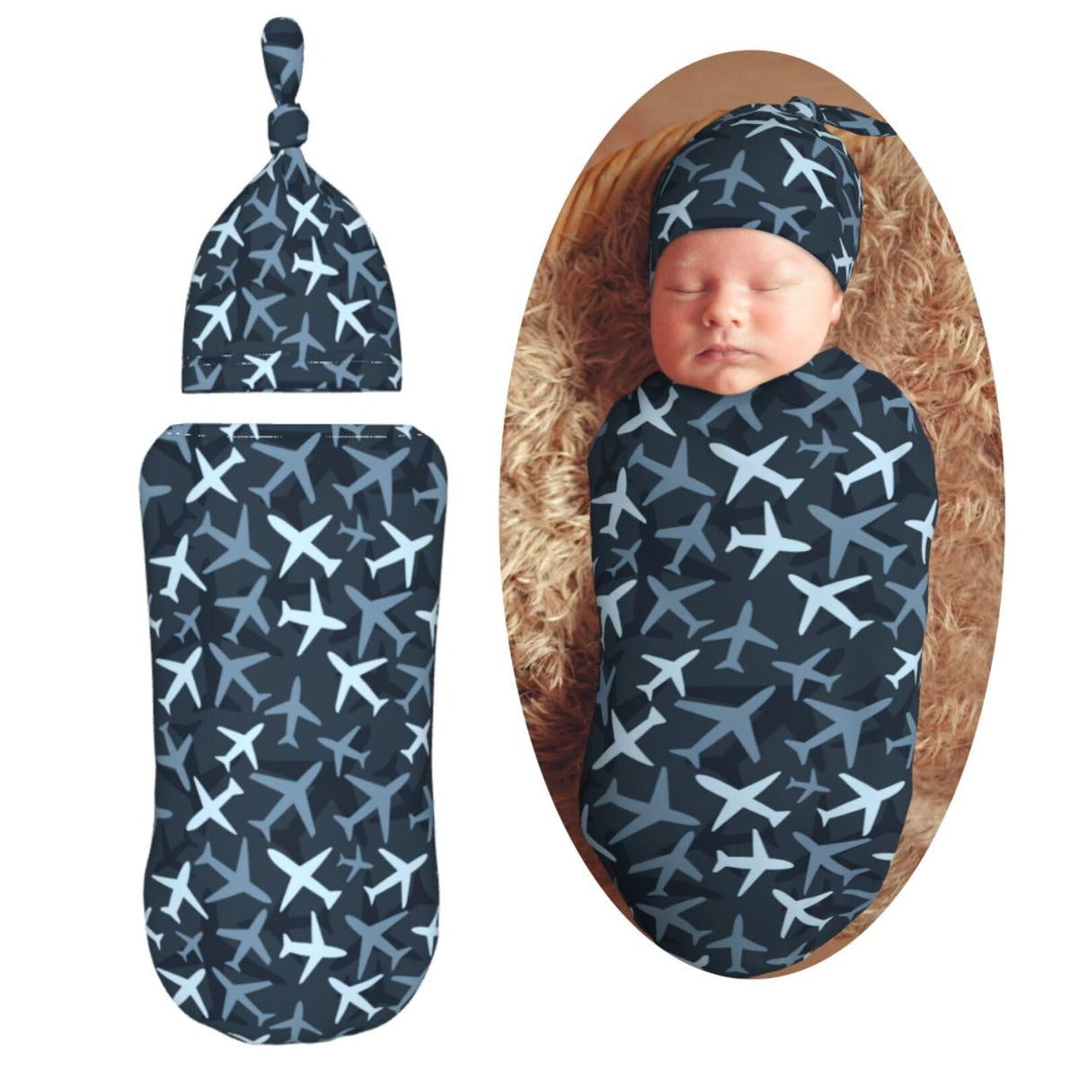 KiuLoam camouflage blue jets swaddle closeup for ultra-soft baby wrap comfort.