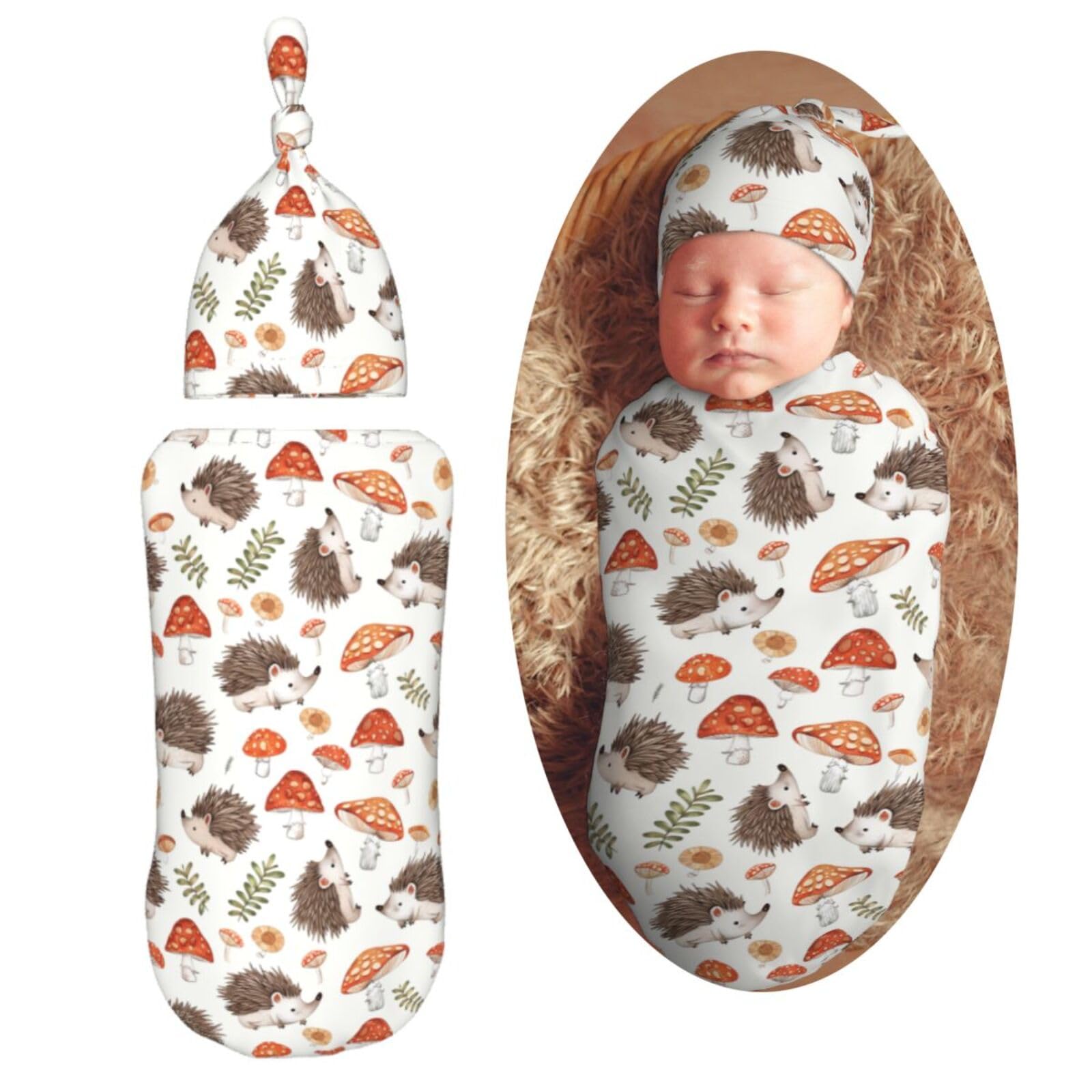 KiuLoam cartoon hedgehog mushroom swaddle blanket, front view, promoting calm naps with soft fabric.