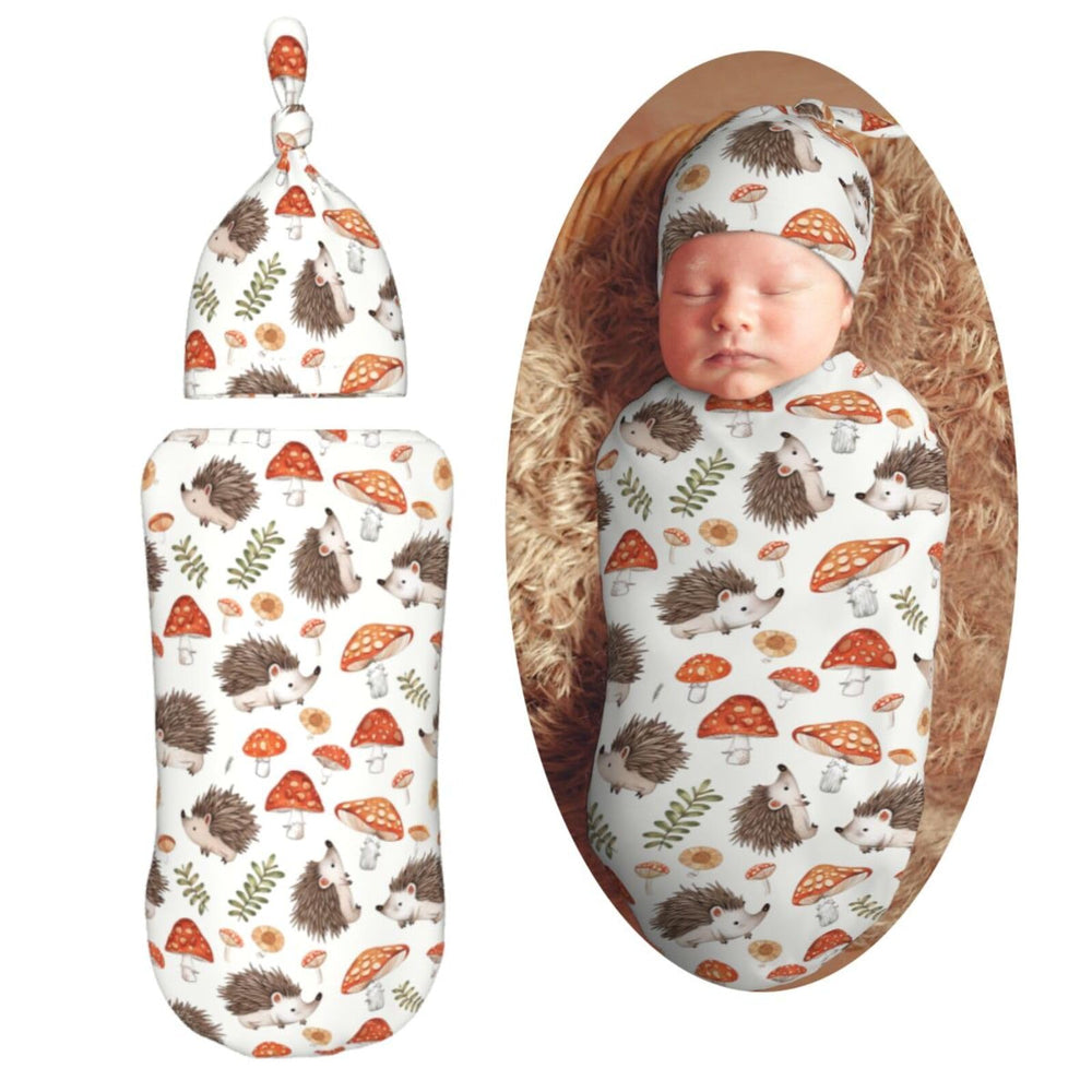 KiuLoam cartoon hedgehog mushroom swaddle blanket, front view, promoting calm naps with soft fabric.