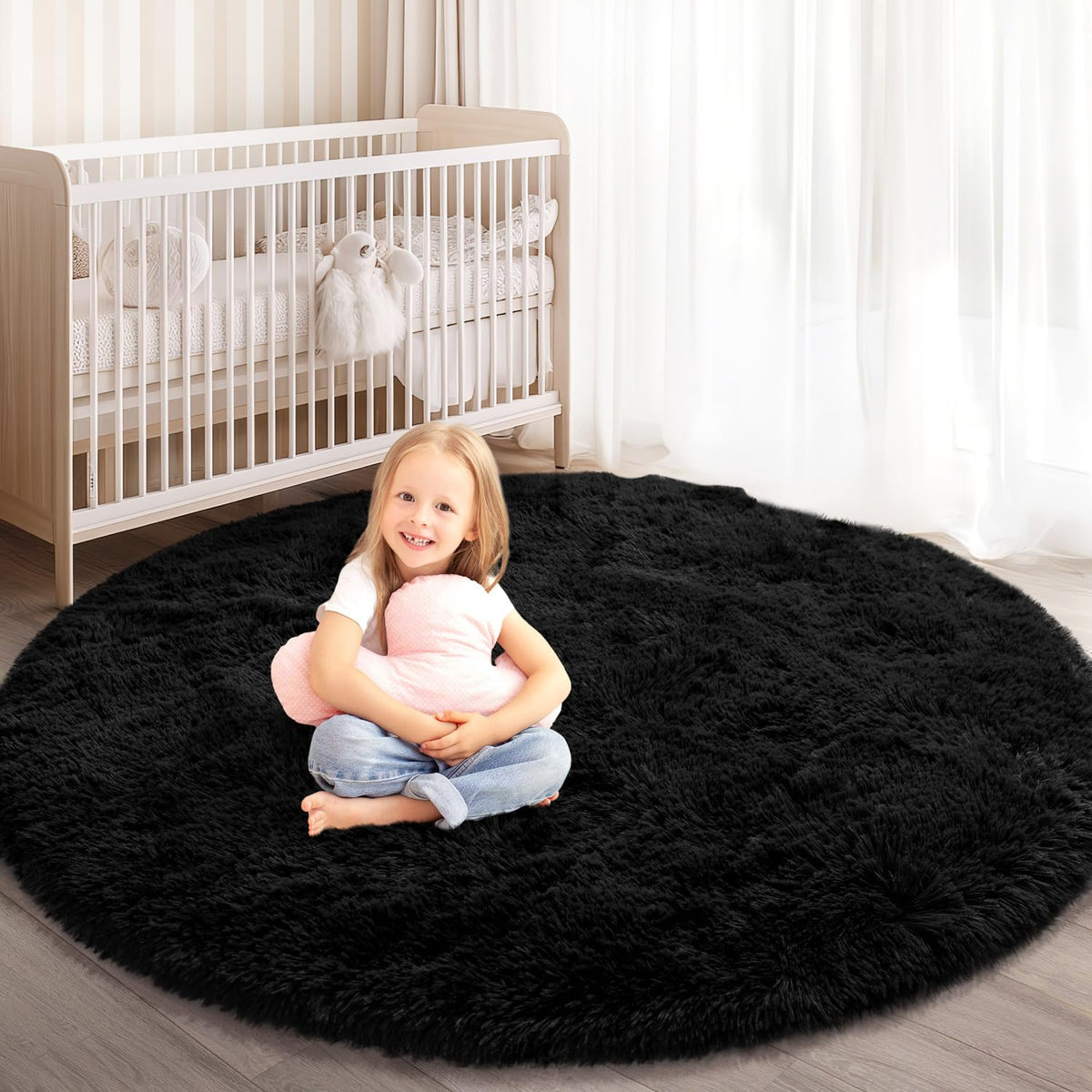 KIXINWA round rug for bedroom; fluffy surface offers soft comfort underfoot.