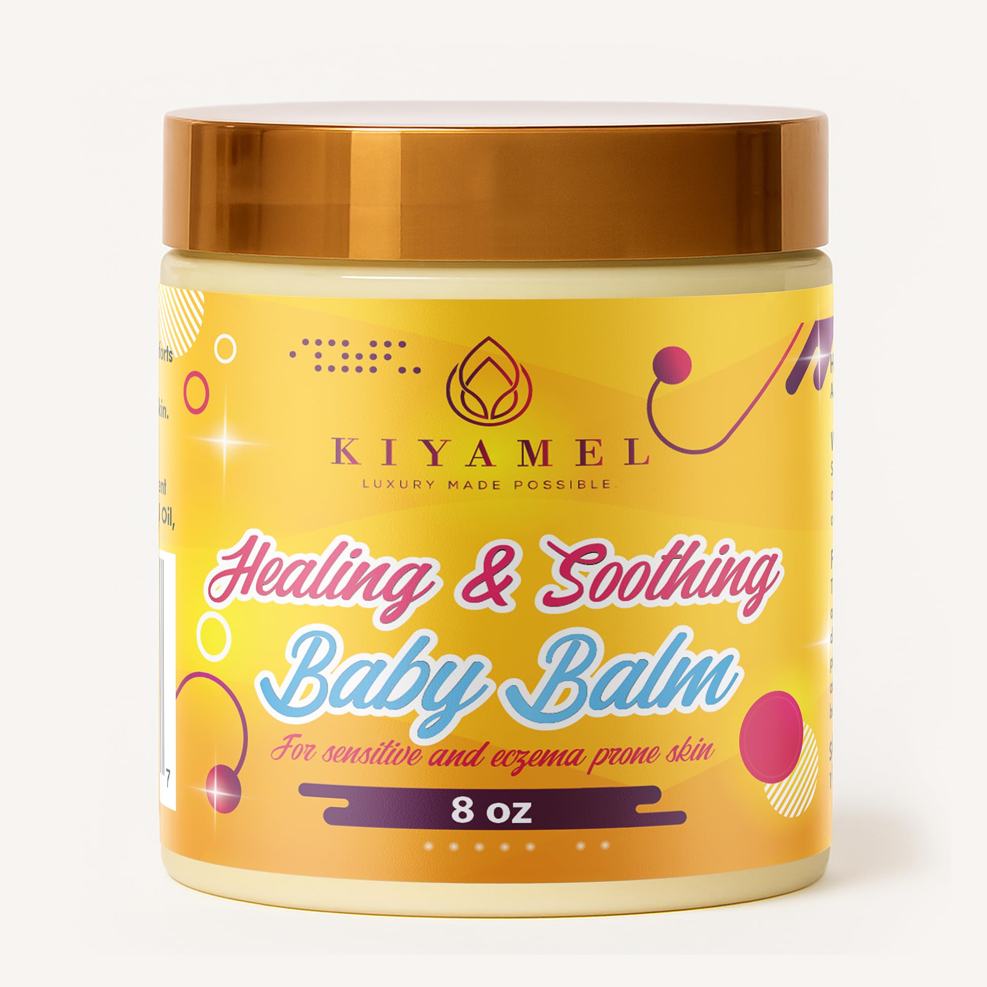 KIYAMEL Healing Baby Balm jar showing moisturizing ingredients for soft skin