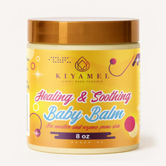KIYAMEL Healing Baby Balm jar showing moisturizing ingredients for soft skin