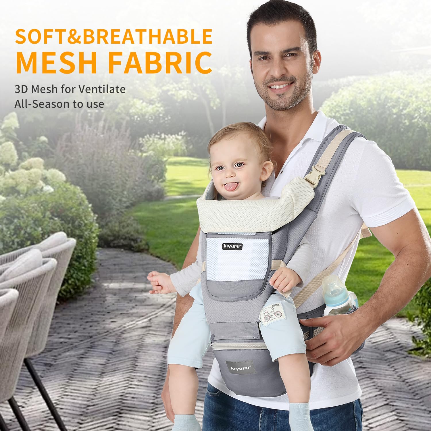 KIYUMI adjustable straps and wide waist belt help evenly distribute weight for user comfort.