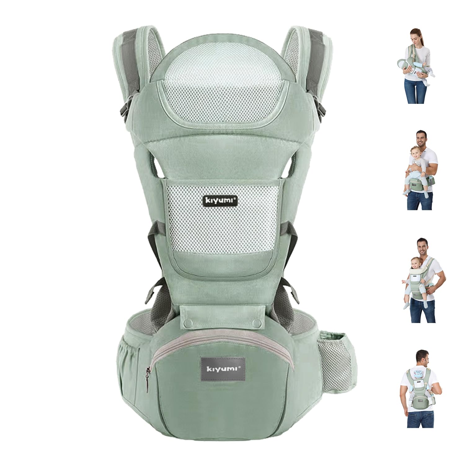 KIYUMI baby carrier with hip seat shows 6-in-1 versatility for growing babies.