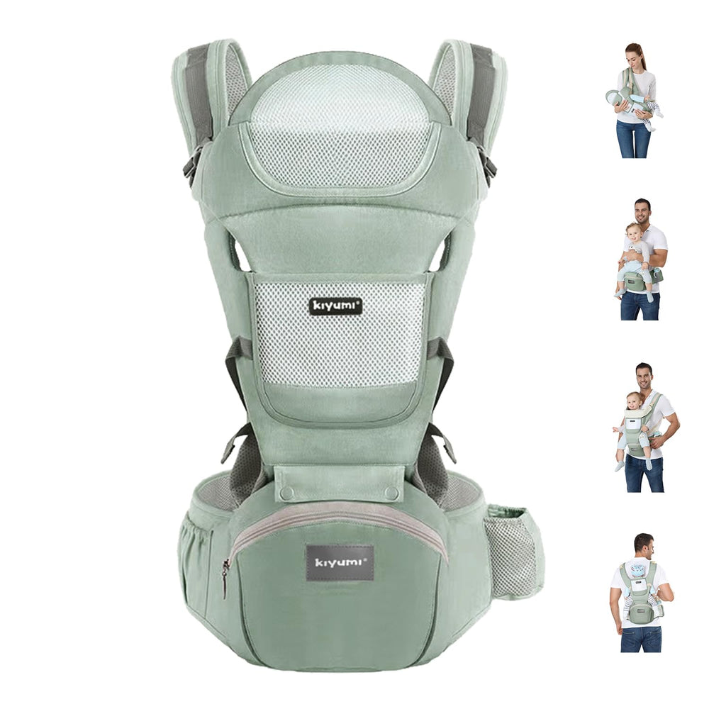 KIYUMI baby carrier with hip seat shows 6-in-1 versatility for growing babies.