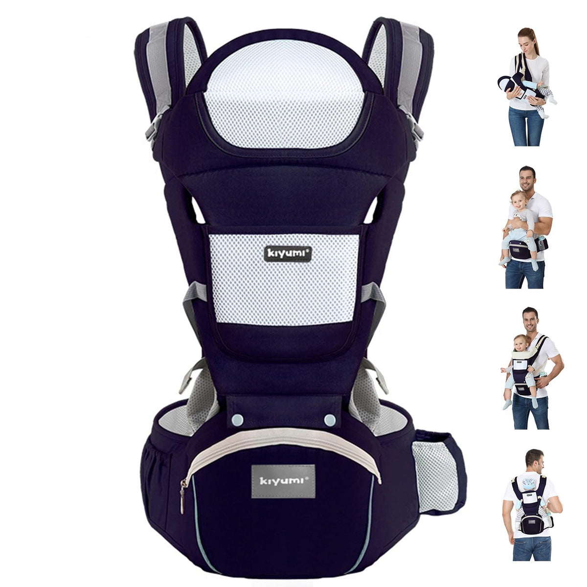 Kiyumi baby carrier with hip seat demonstrates ergonomic support for growing infants.