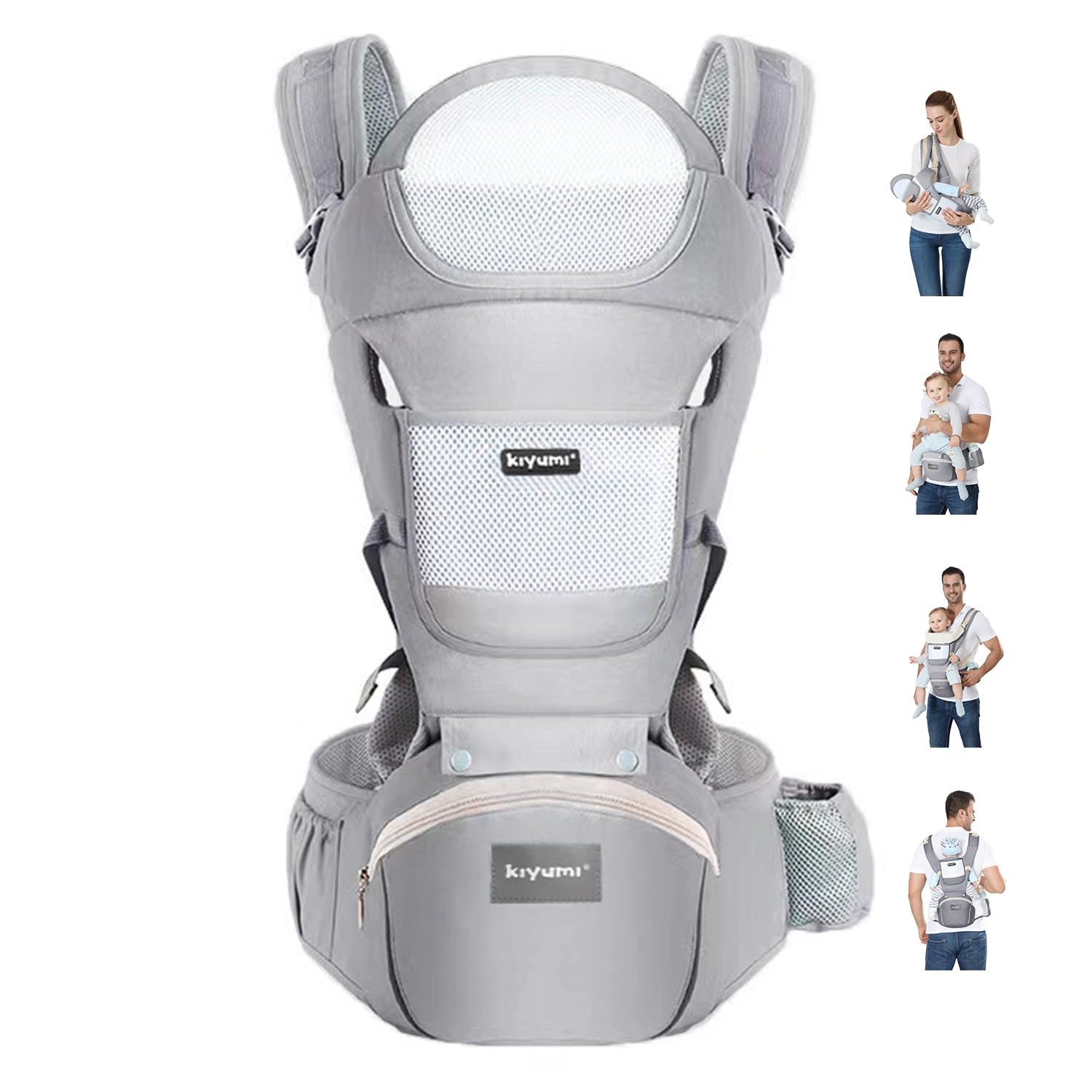 KIYUMI baby carrier hip seat front view shows ergonomic support for growing babies during daily strolls.