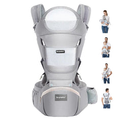 KIYUMI baby carrier hip seat front view shows ergonomic support for growing babies during daily strolls.