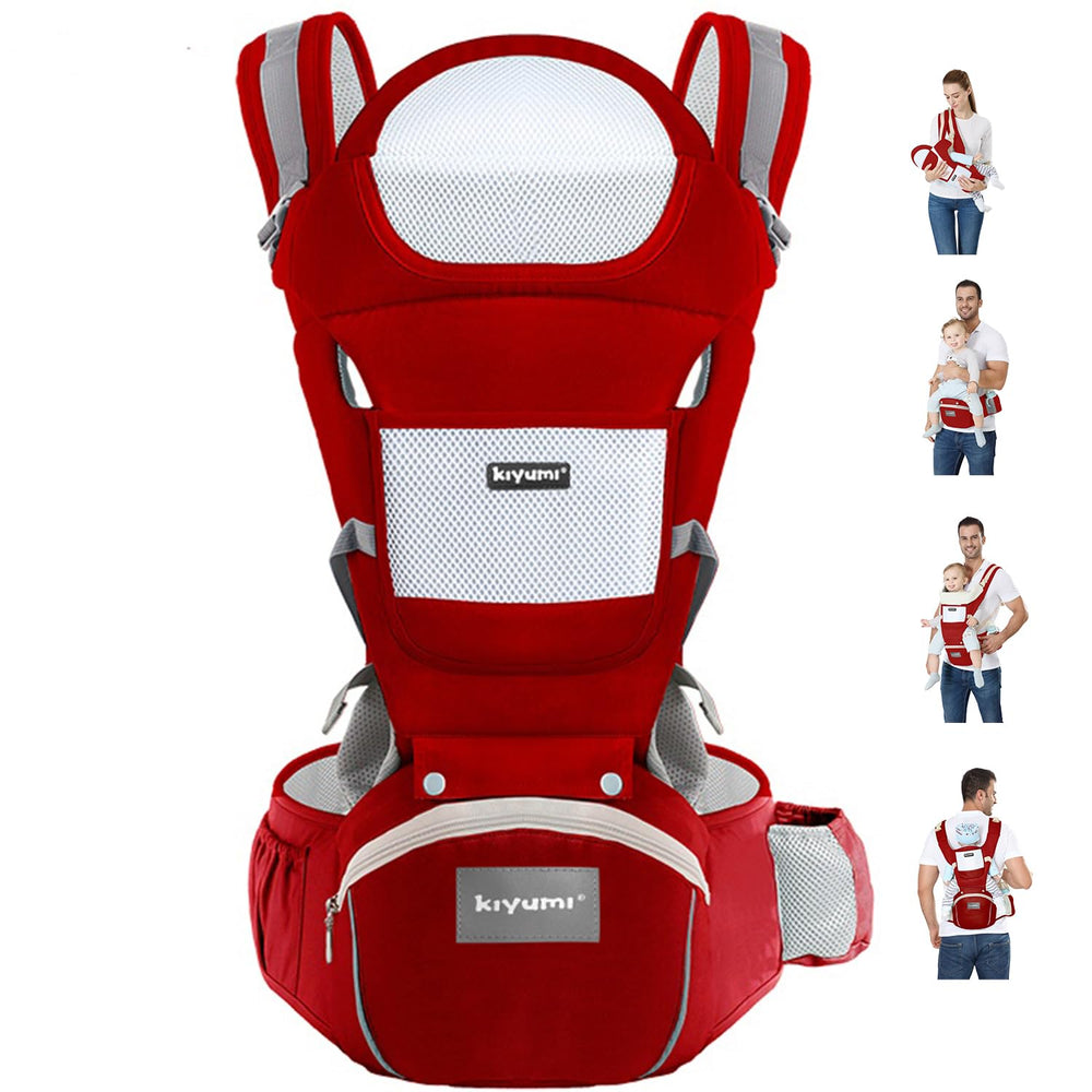 KIYUMI baby carrier hip-seat design for ergonomic support of baby and parent.