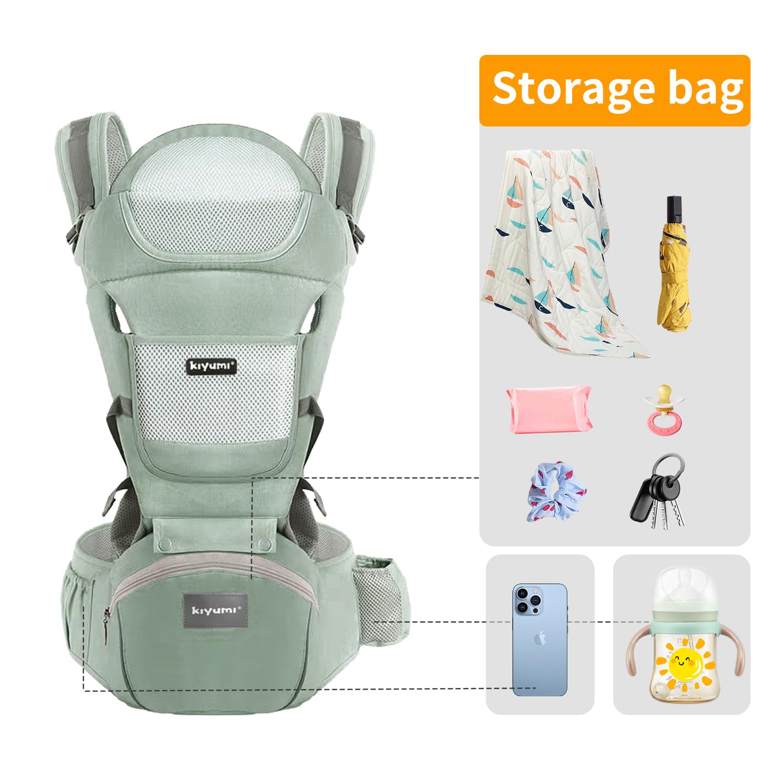 KIYUMI pockets on the carrier provide hands-free storage for essentials.