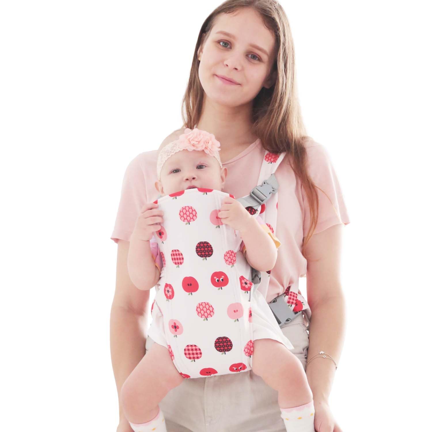 KIYUMI Carrier front view with fruit print, ergonomic hip seat for comfortable baby wearing.