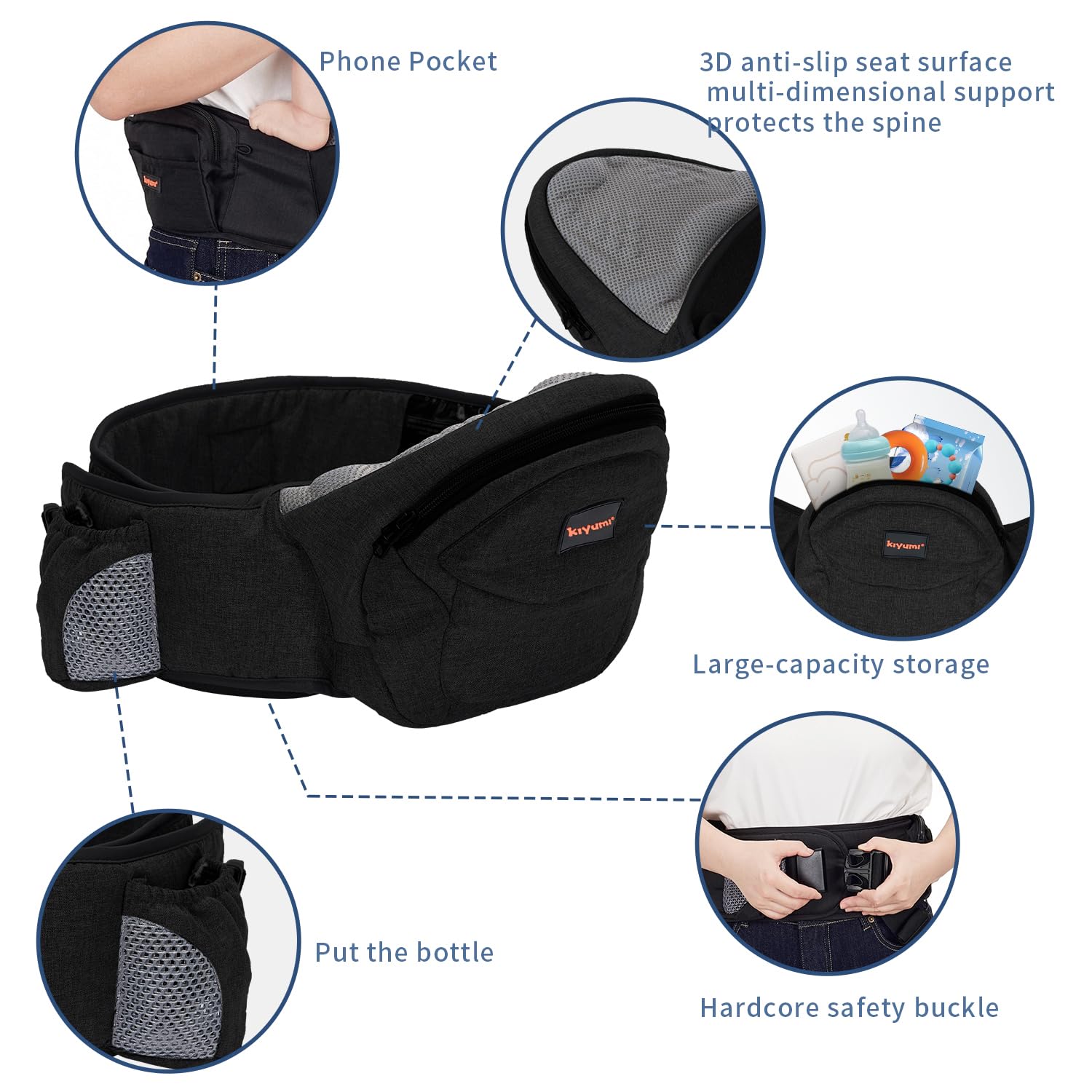 KIYUMI ergonomic M-shape support keeps baby's hips aligned.