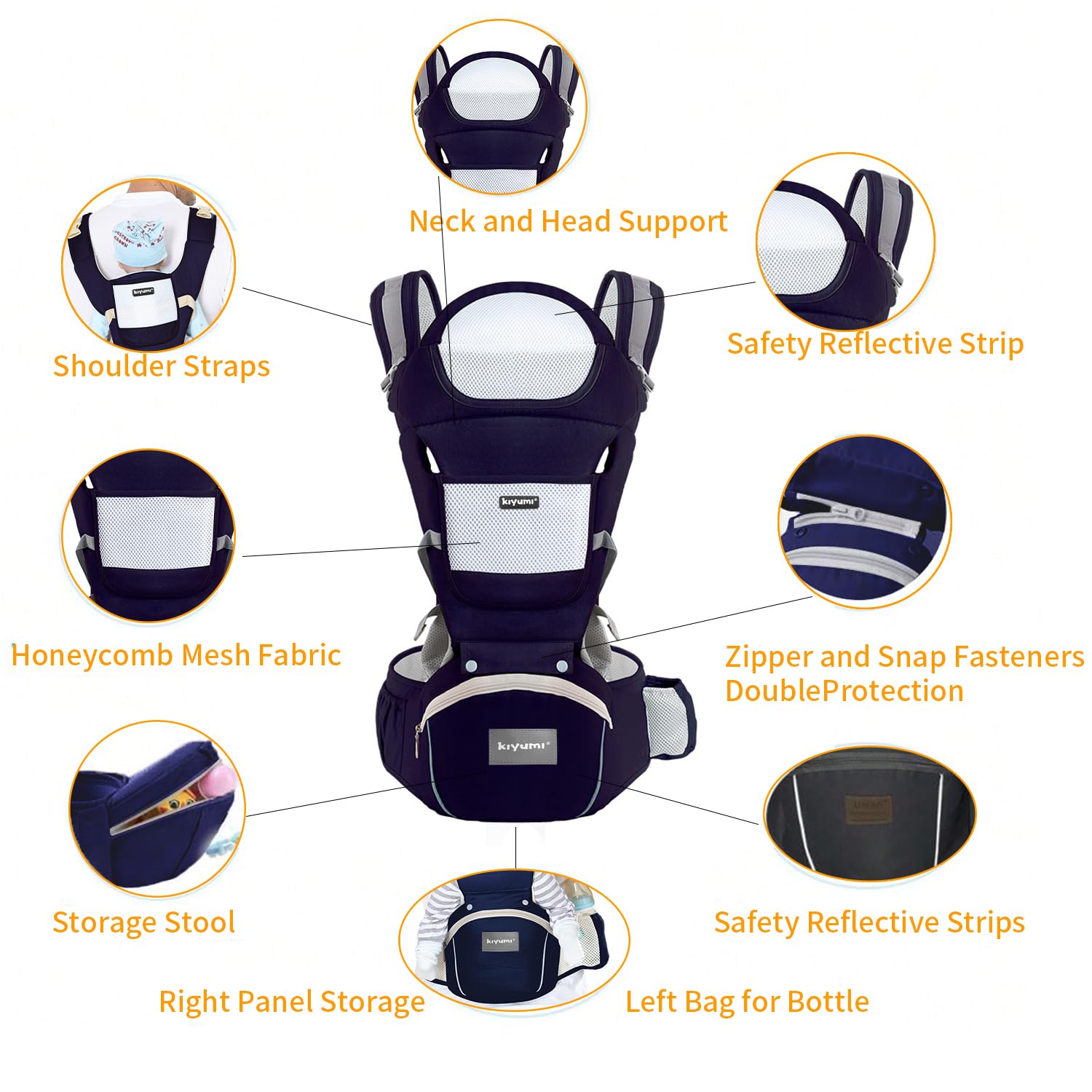Kiyumi accommodates newborn to toddler up to 45 pounds.