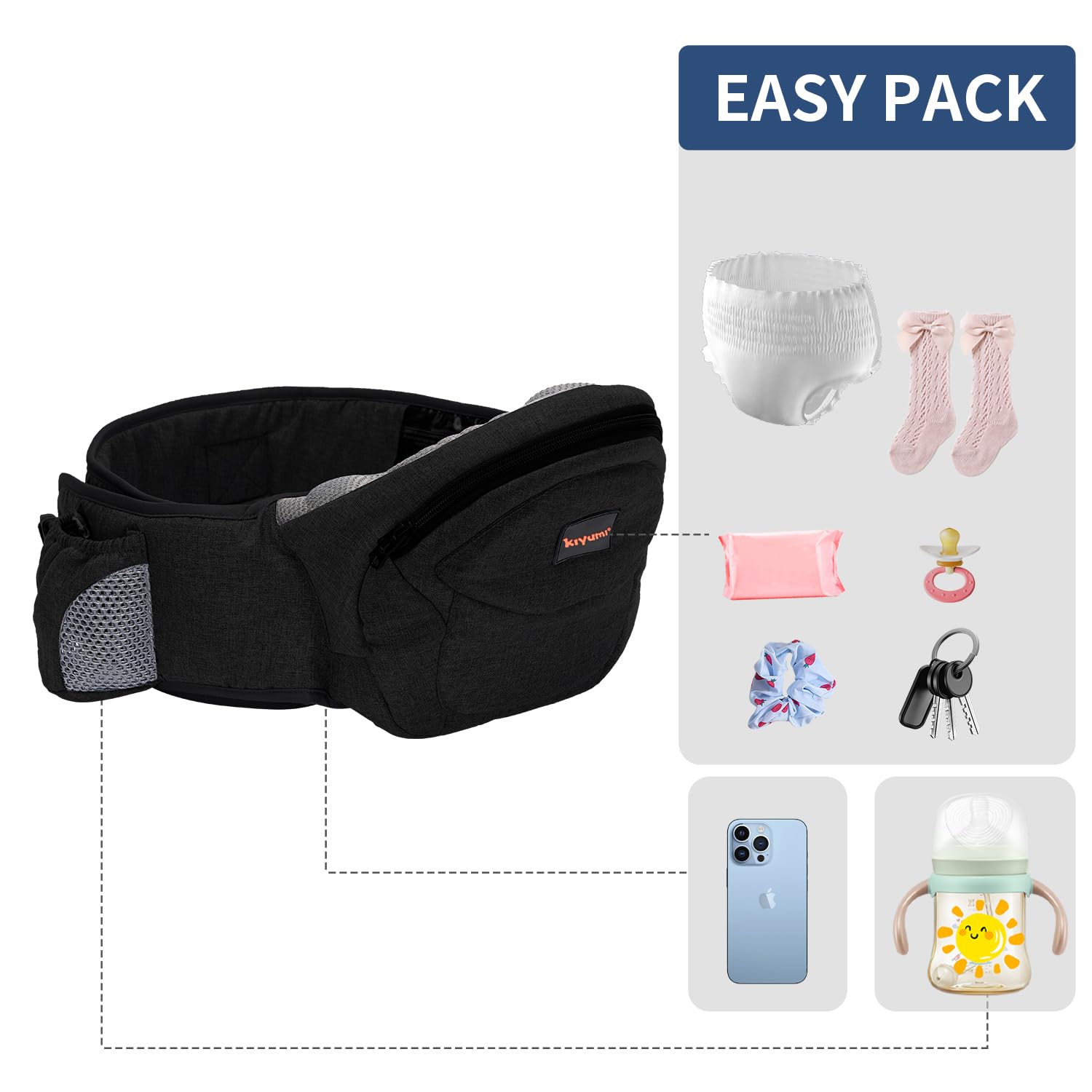 KIYUMI hip-seat pocket design keeps essentials within reach.