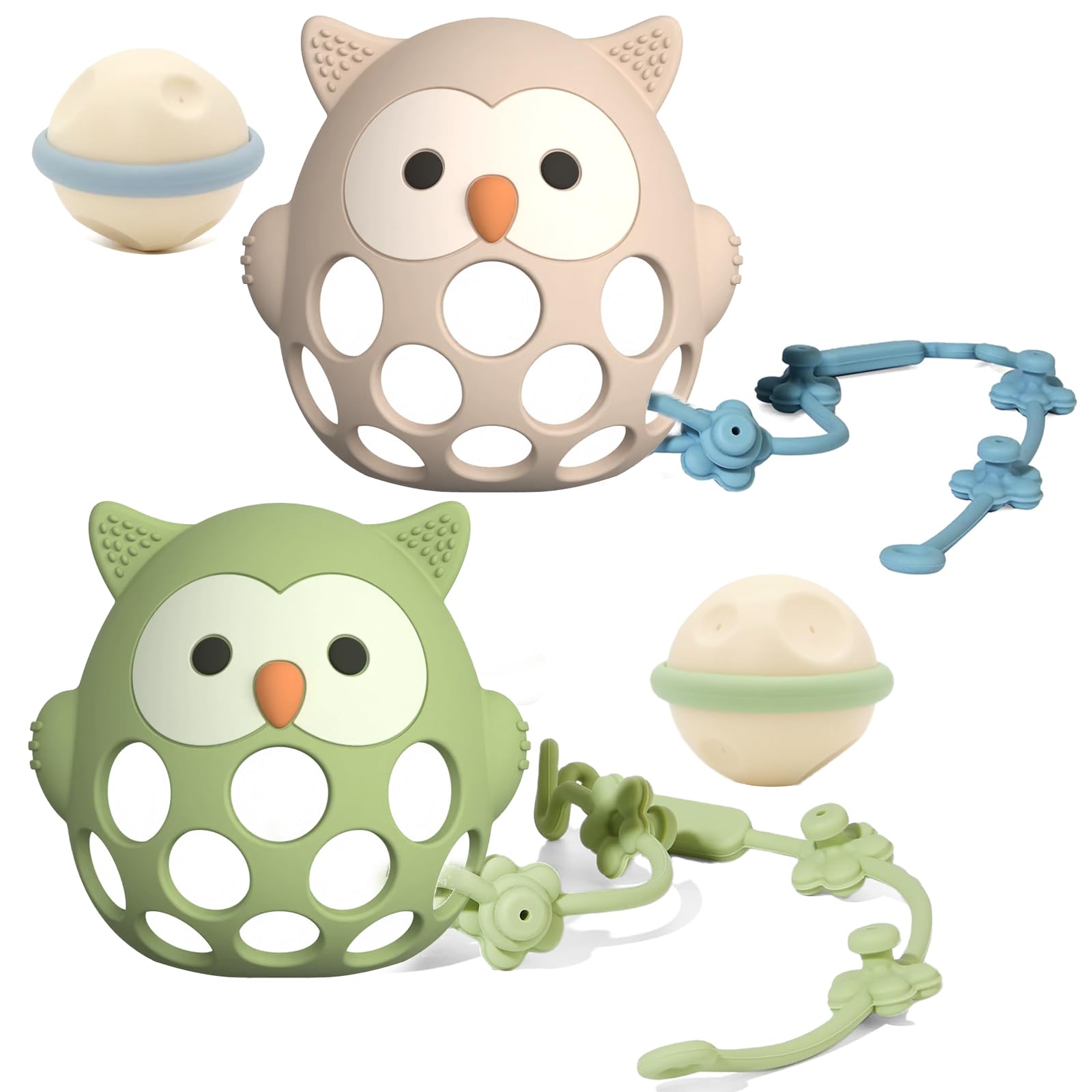 Kizadee baby teething toy in green-beige held for soothing gums.