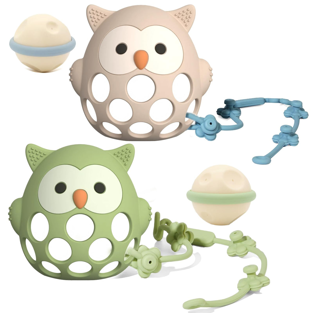 Kizadee baby teething toy in green-beige held for soothing gums.