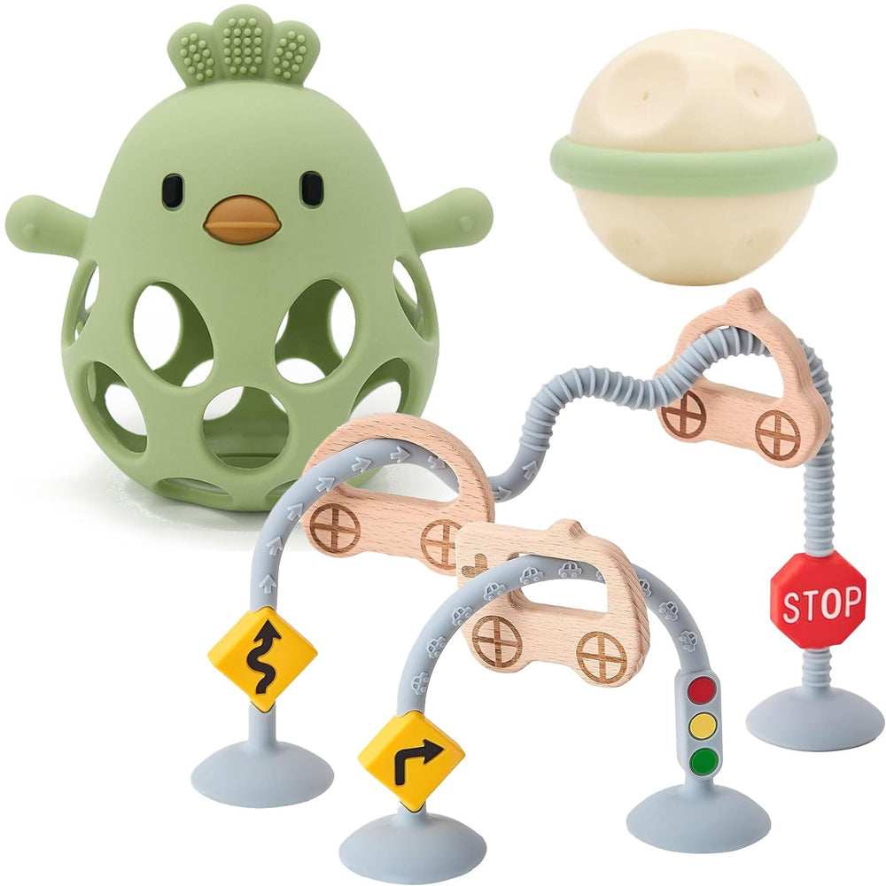Kizadee baby teething toy silicone hollow chick in green, easy grip for tiny hands