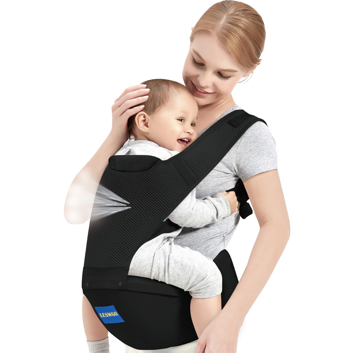 KJIPUHO hip-seat carrier, back view, ergonomic comfort for growing baby.
