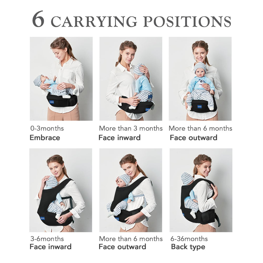 Detachable hip seat configuration demonstrates versatile 6-in-1 design for varied wear.