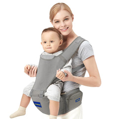 KJIPUHO baby carrier with hip seat in grey, front view shows ergonomic support
