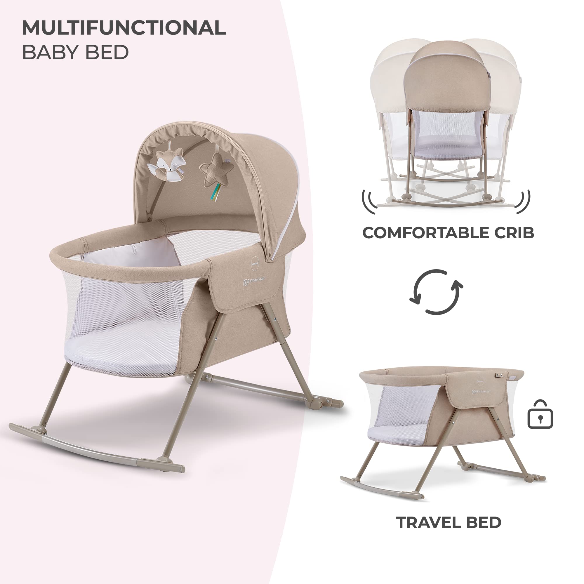 kk Kinderkraft LOVI with mosquito net extended for insect protection.