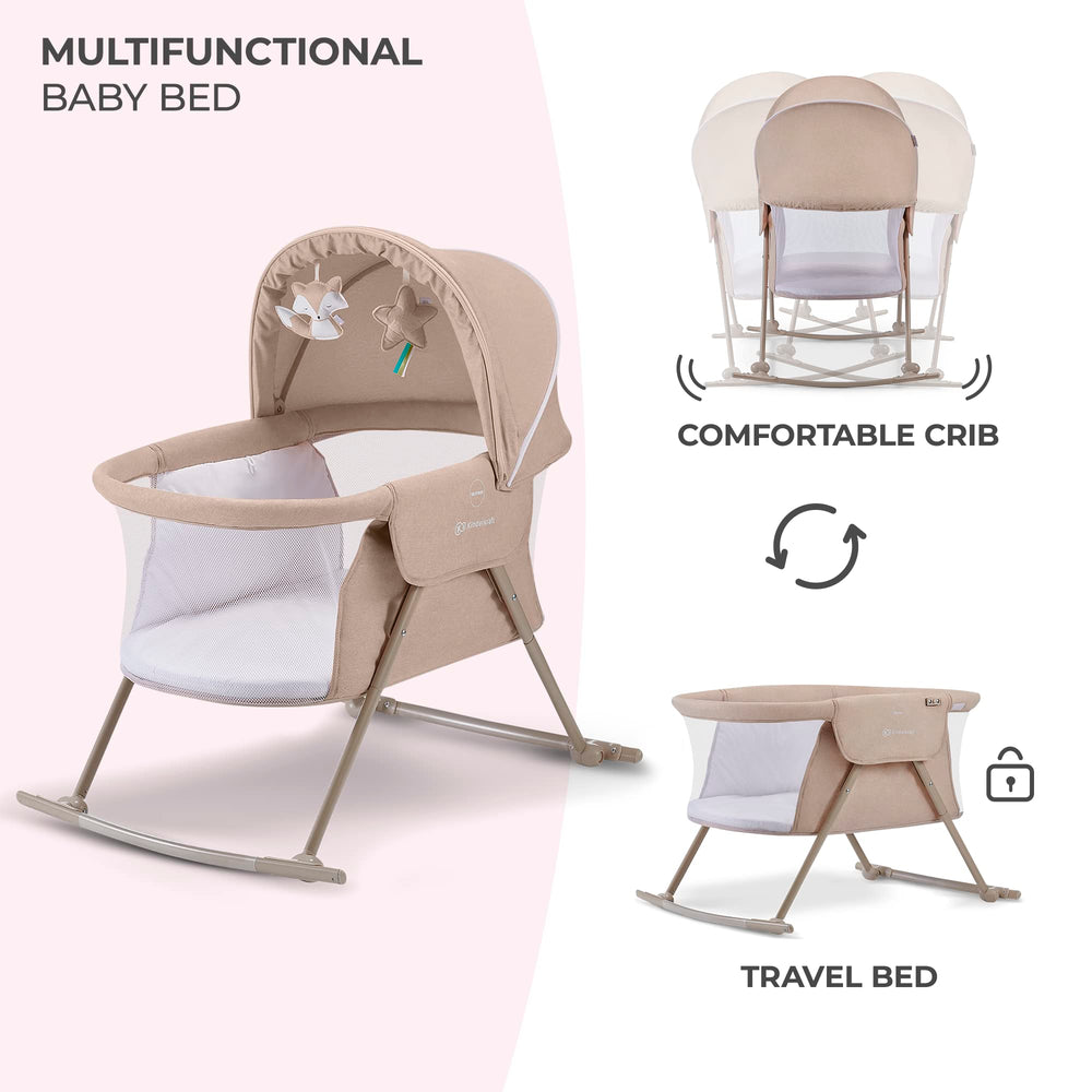 kk Kinderkraft LOVI with mosquito net extended for insect protection.