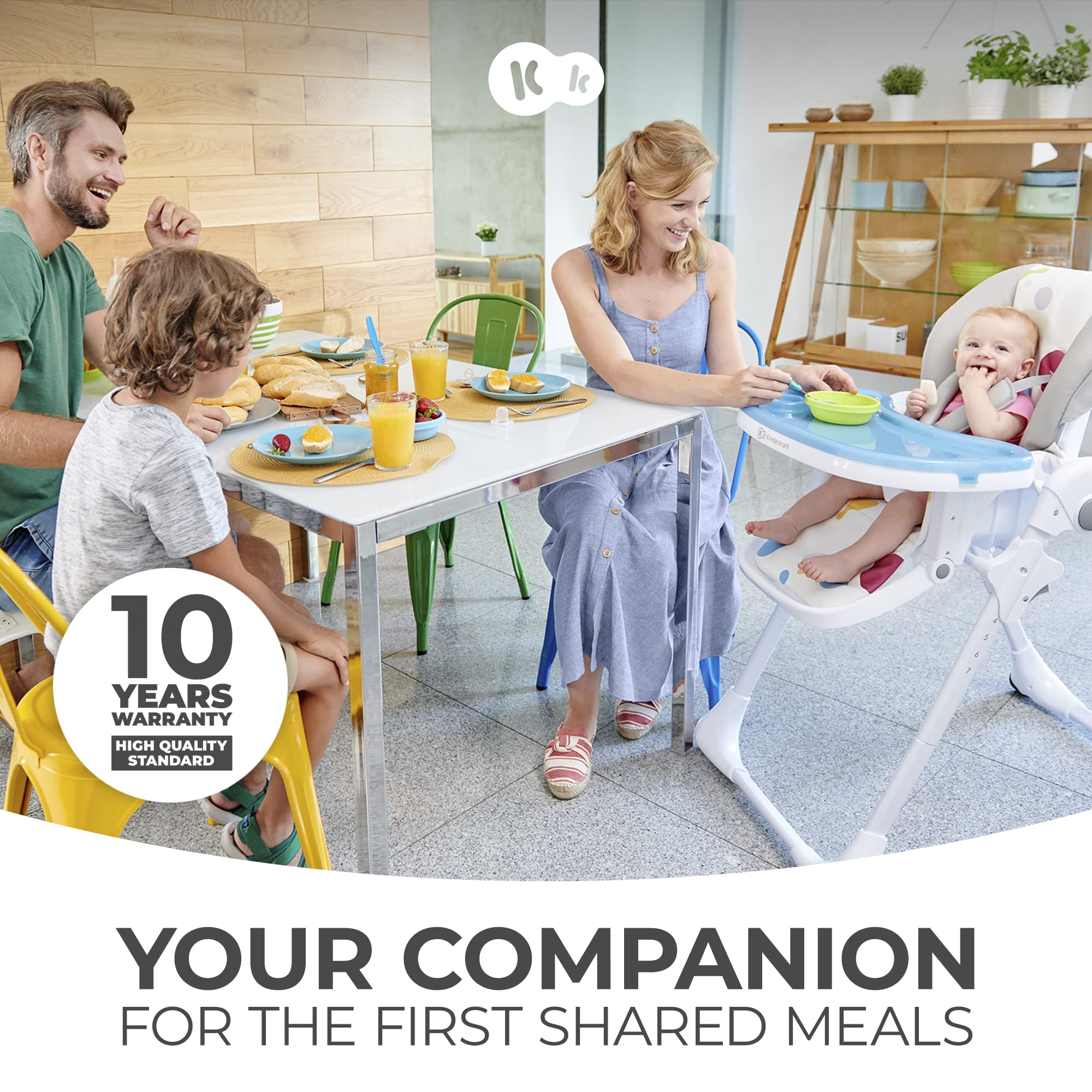 KK Kinderkraft Yummy highchair showing seven height positions for table alignment.