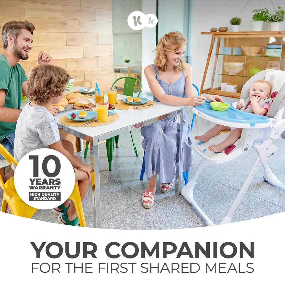 KK Kinderkraft Yummy highchair showing seven height positions for table alignment.