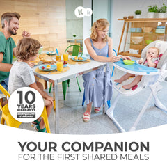 KK Kinderkraft Yummy highchair showing seven height positions for table alignment.