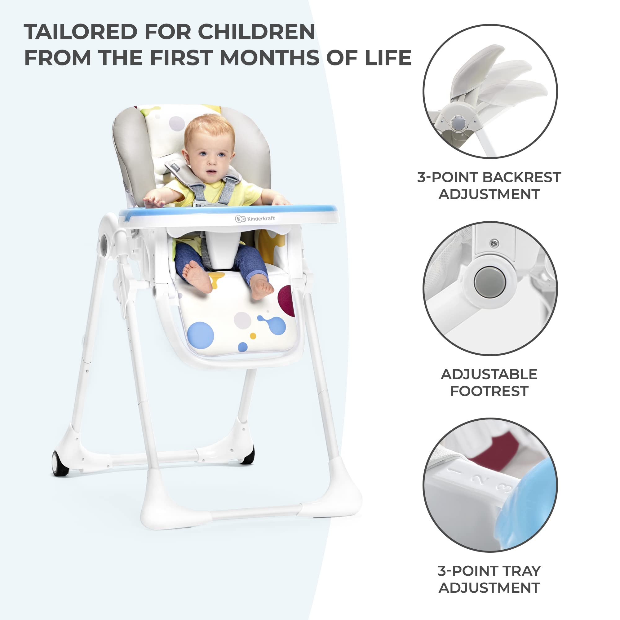 KK Kinderkraft Yummy highchair backrest reclining position for added comfort.
