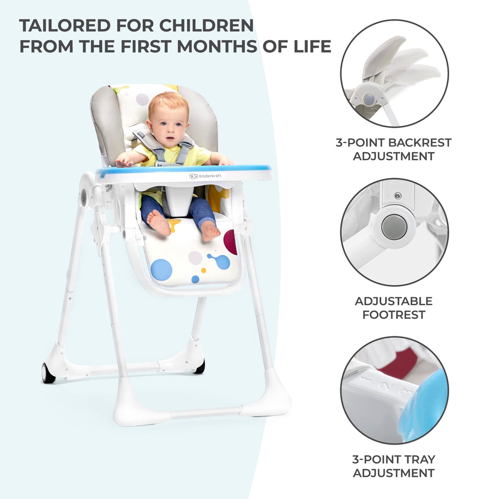 KK Kinderkraft Yummy highchair backrest reclining position for added comfort.