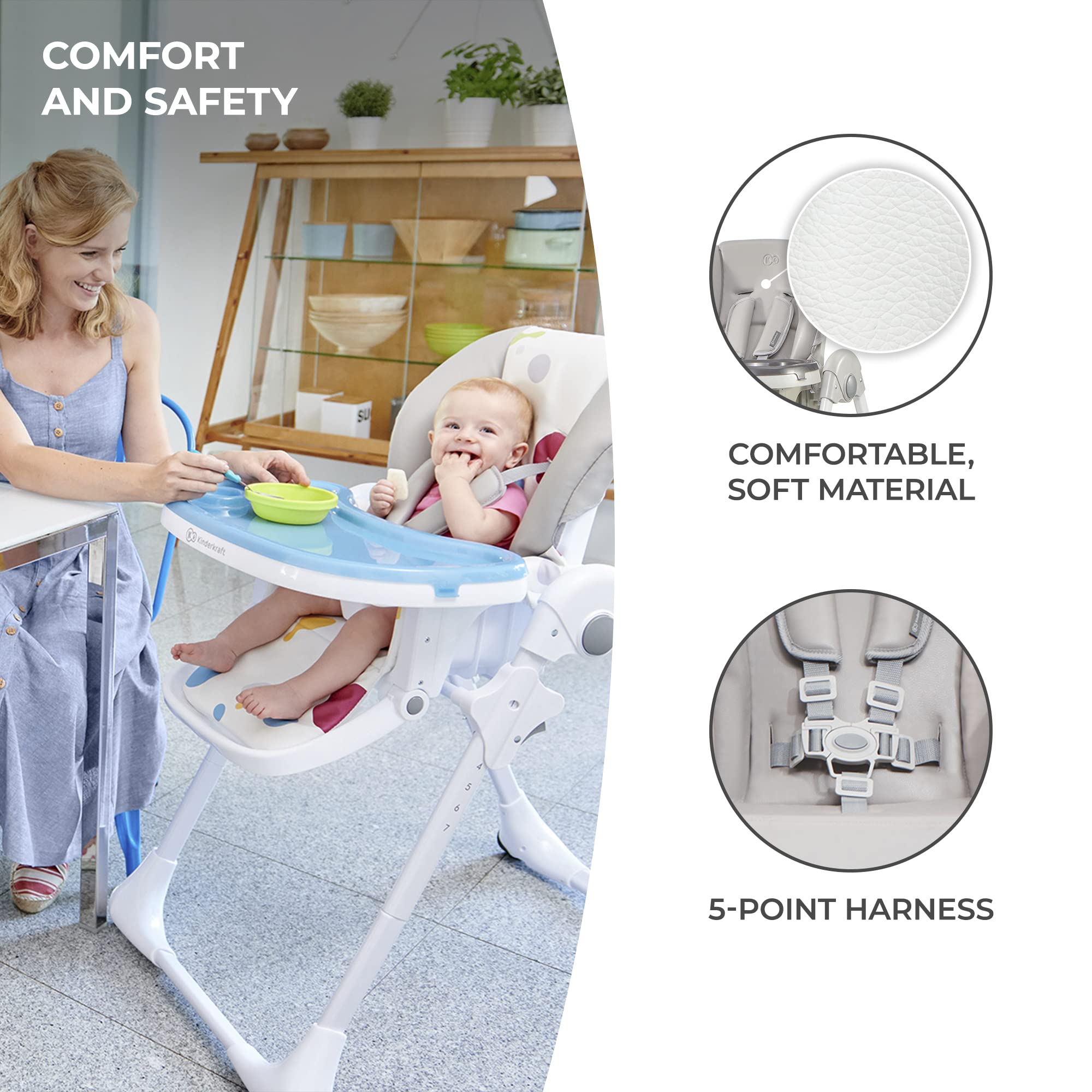 KK Kinderkraft Yummy highchair legs with rubber wheels to protect floors.