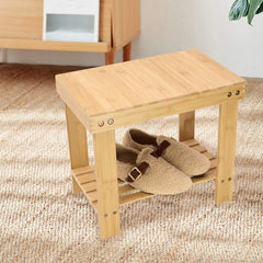 KKTONER two-tier bamboo foot stool serving as a compact shelf