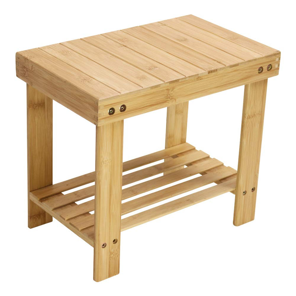 KKTONER bamboo step stool with storage used as a shower bench for organized bathrooms