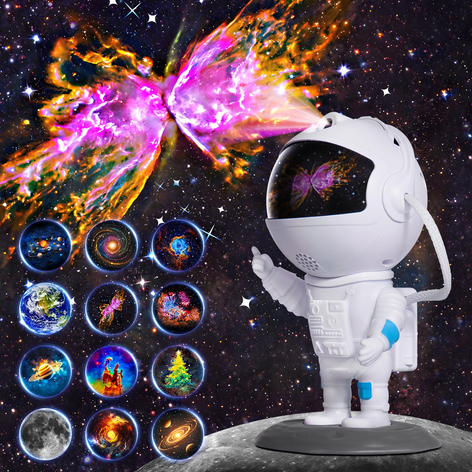 KKUP2U Astronaut Galaxy Projector head view, playful design for dreamy ceiling stars.