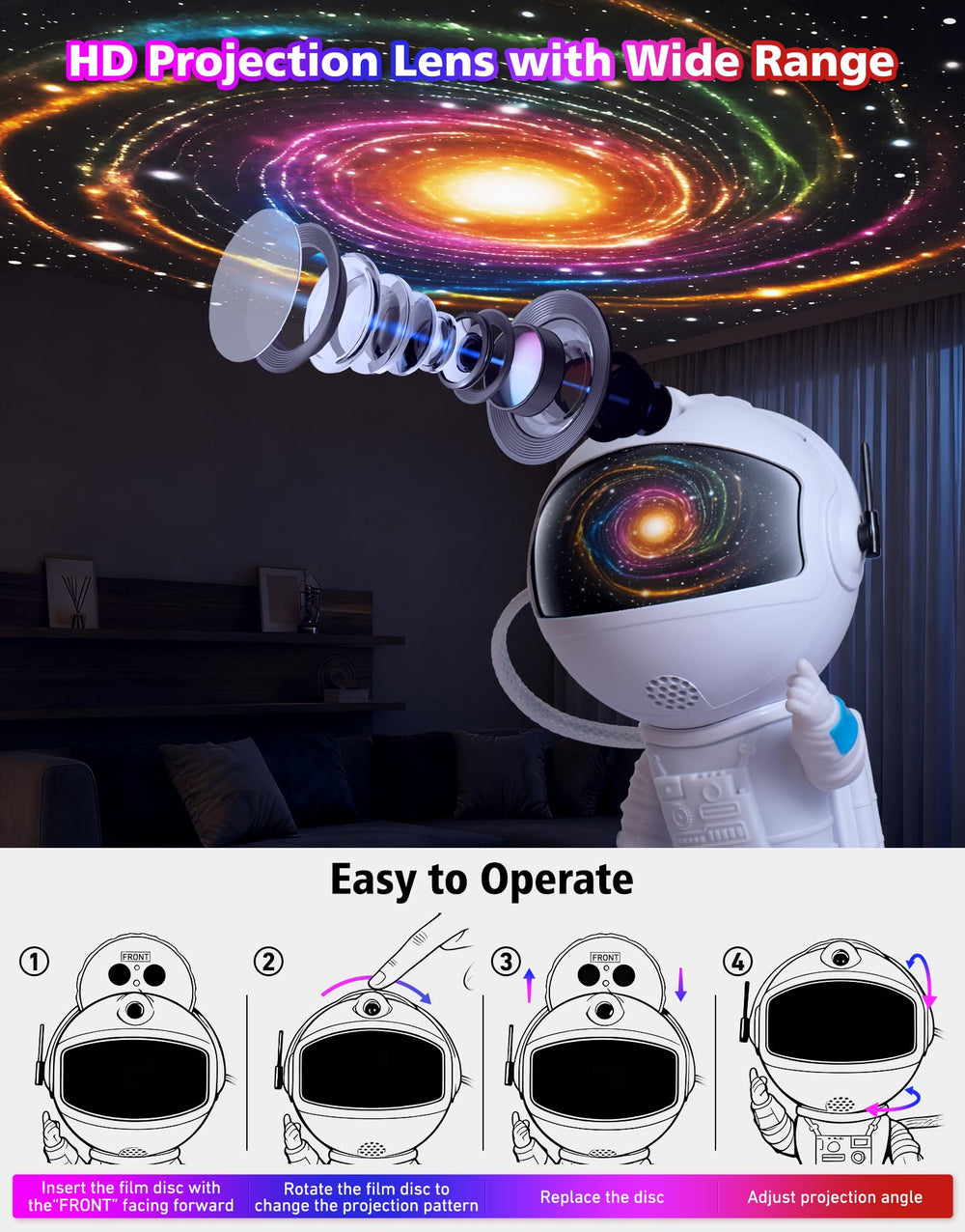 KKUP2U wide projection range delivers bright star visuals on walls.