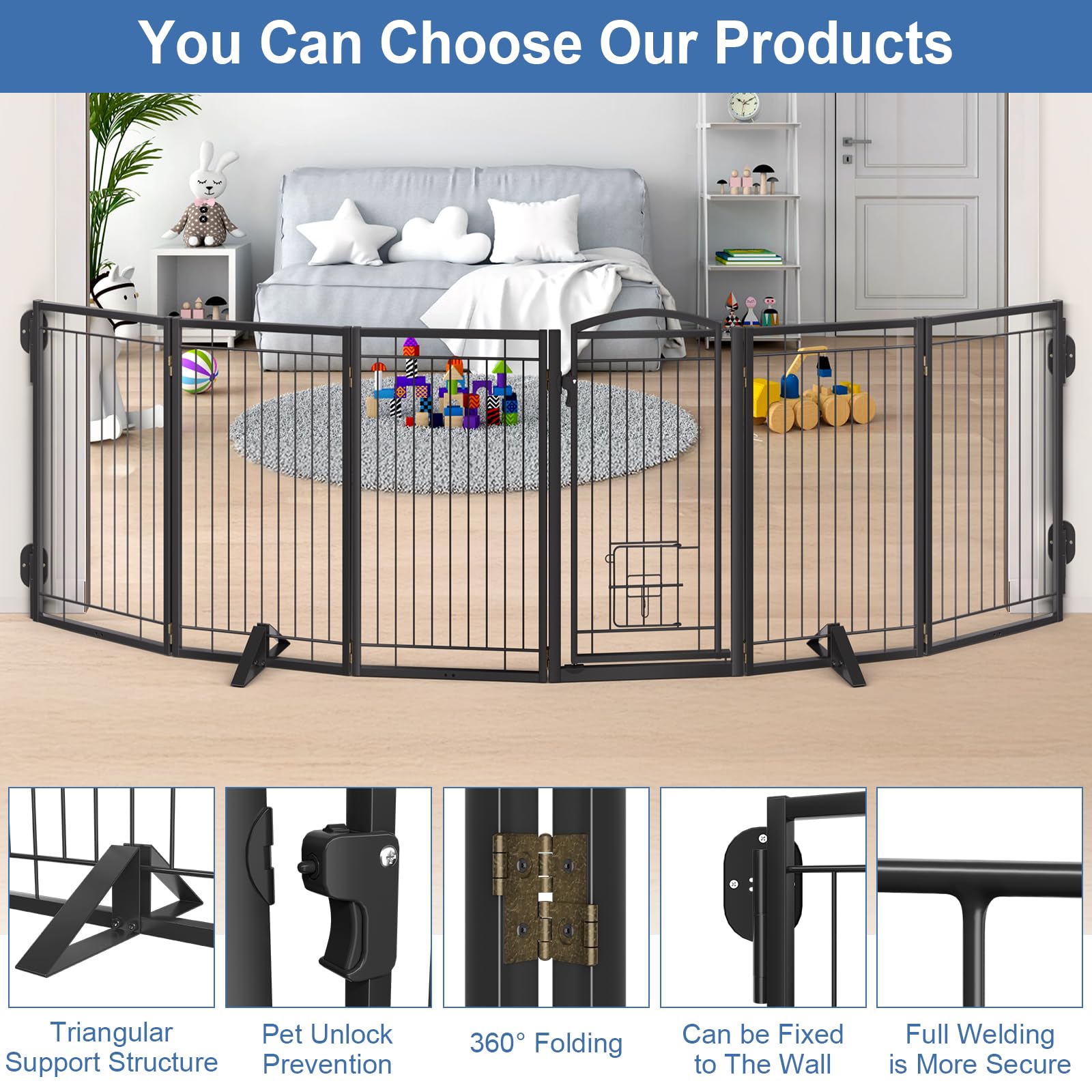 Klarana dog gate with 360-degree hinge enables flexible layouts.