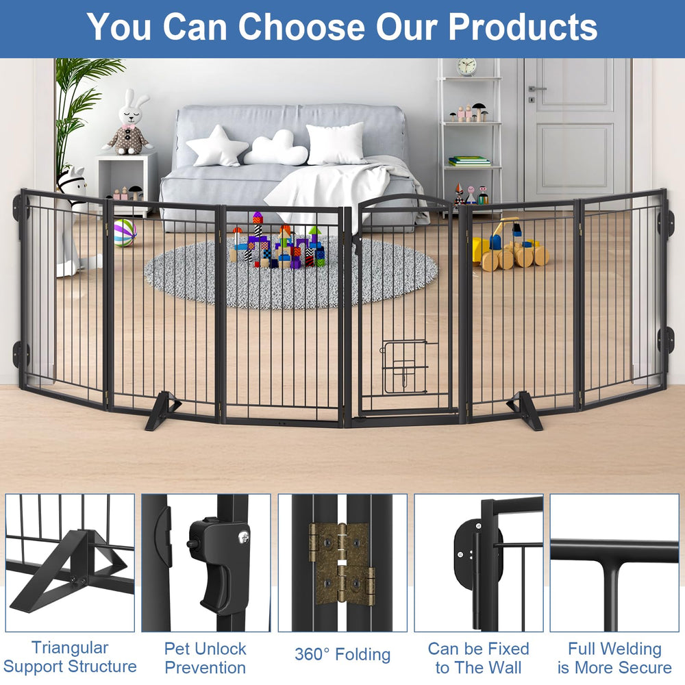 Klarana dog gate with 360-degree hinge enables flexible layouts.