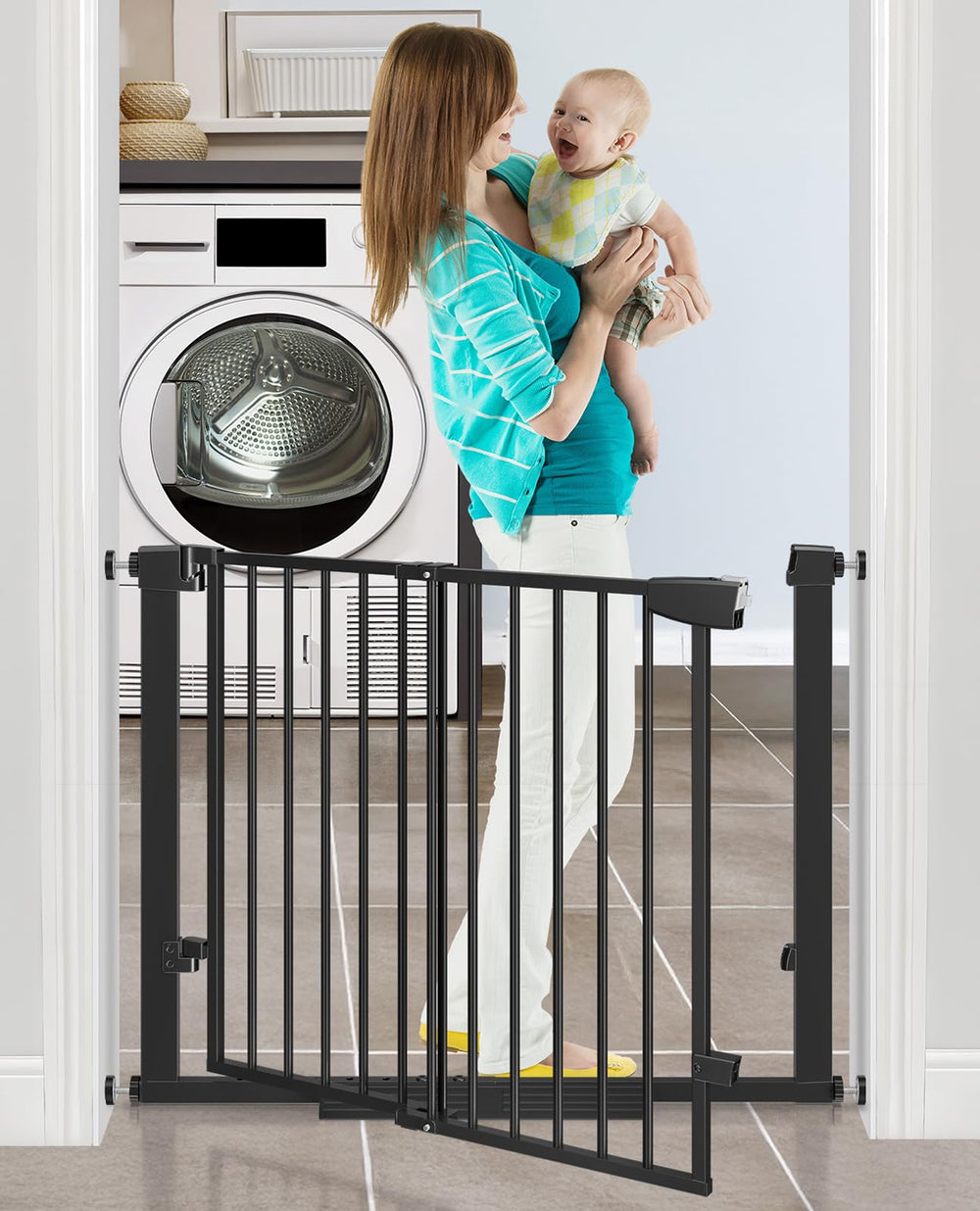 Klarana Easy Walk-Thru Gate at doorway for smooth stroller passage.