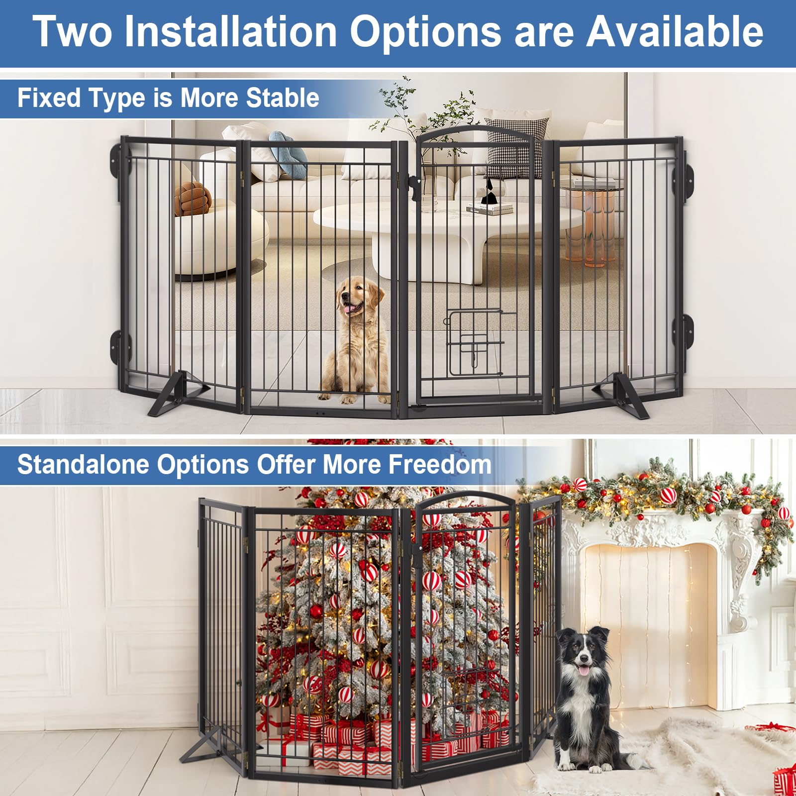 Klarana four-panel black dog gate adapts to straight, curved, or zigzag layouts.