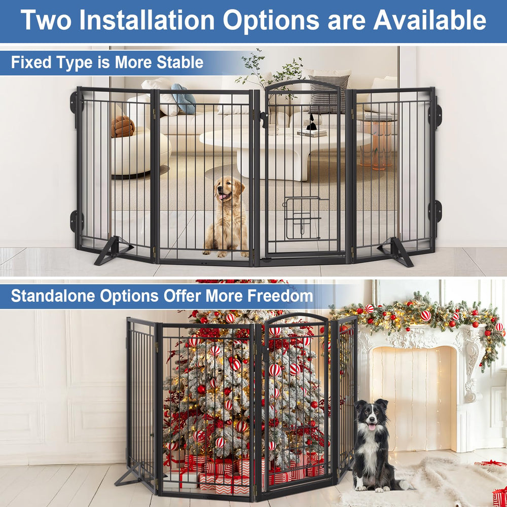 Klarana four-panel black dog gate adapts to straight, curved, or zigzag layouts.