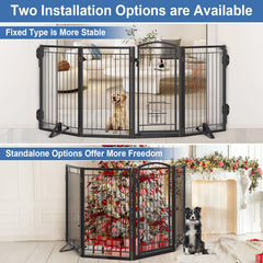 Klarana four-panel black dog gate adapts to straight, curved, or zigzag layouts.