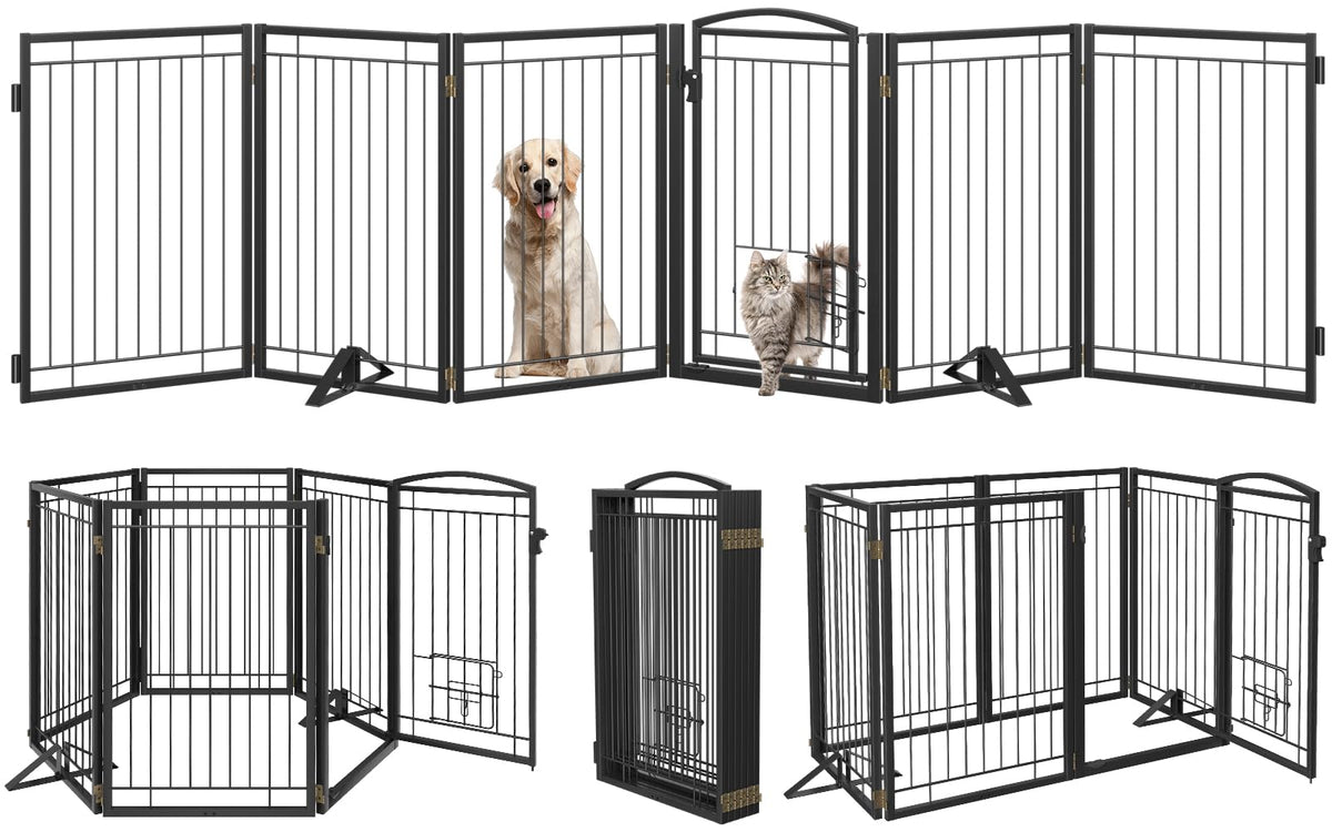 Klarana metal-free standing dog gate showing 120-inch width for large openings.