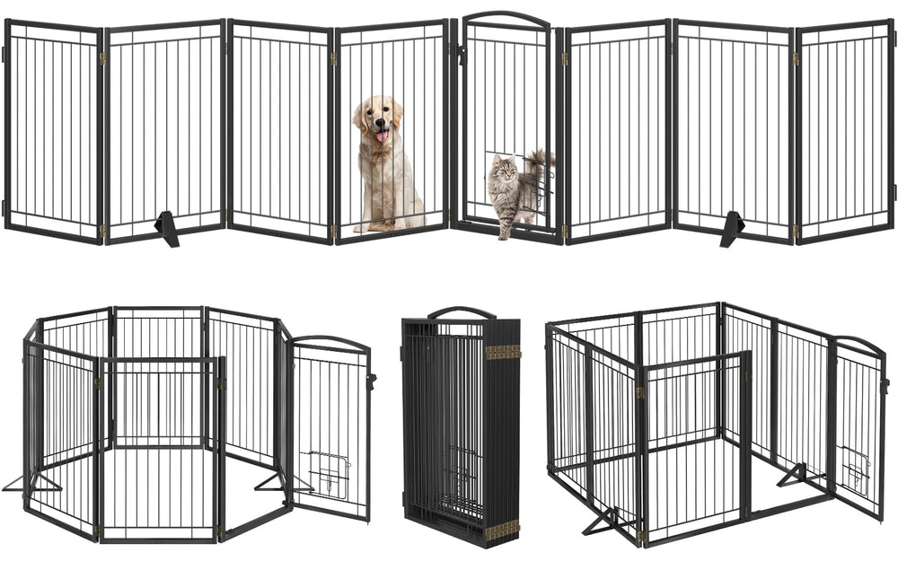 Klarana dog gate full view showing eight panels in black for wide openings