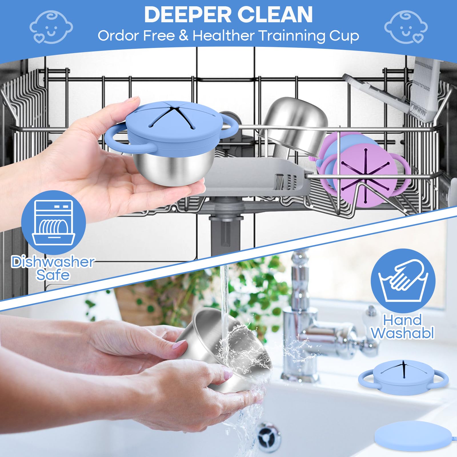 KLCKH snack cups dishwasher-safe image emphasizes easy cleanup after meals
