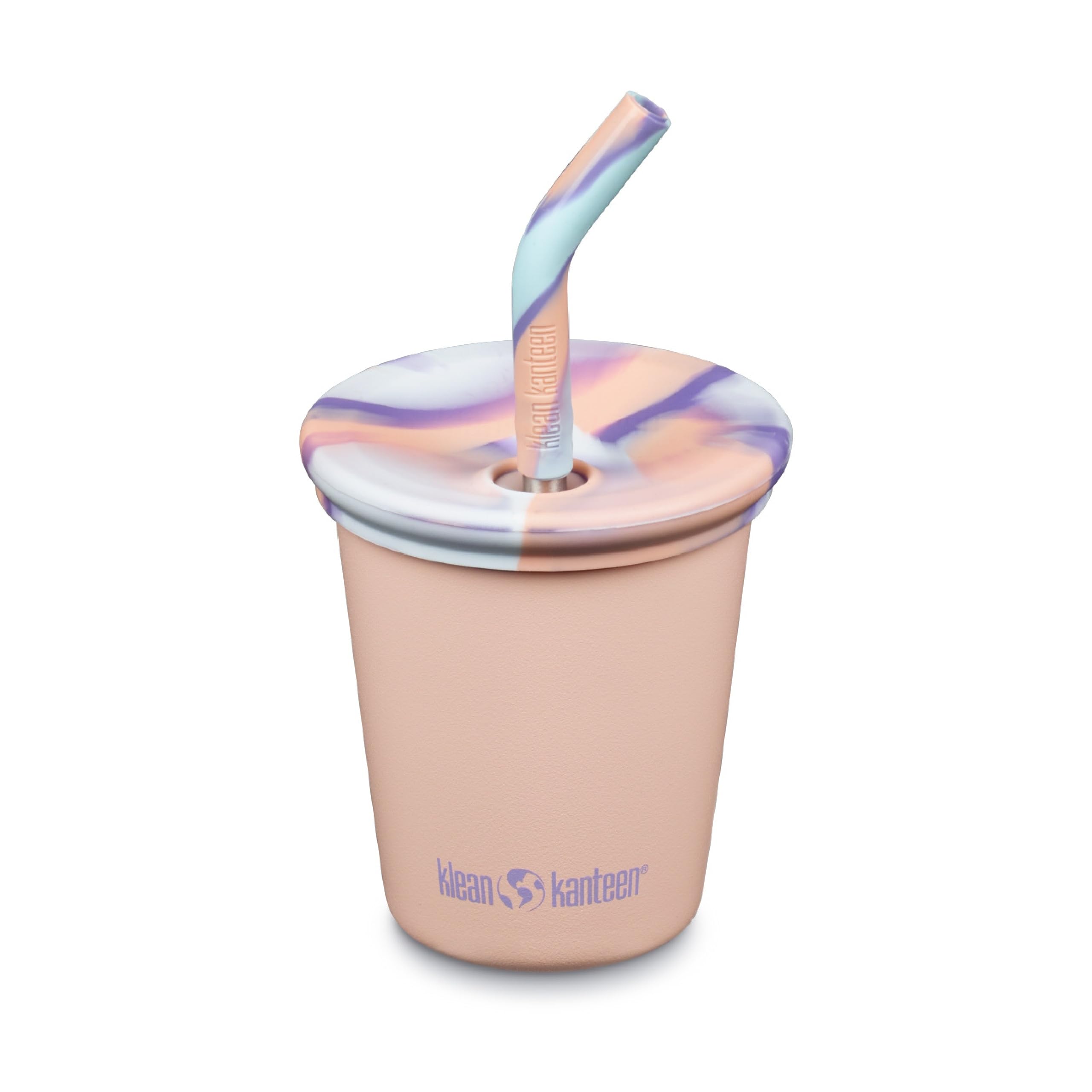 Klean Kanteen 10oz Kids Cup with Straw Lid Peach Parfait, easy-to-hold for small hands.
