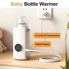 KLOMBIO portable bottle warmer with digital display showing temperature and settings.